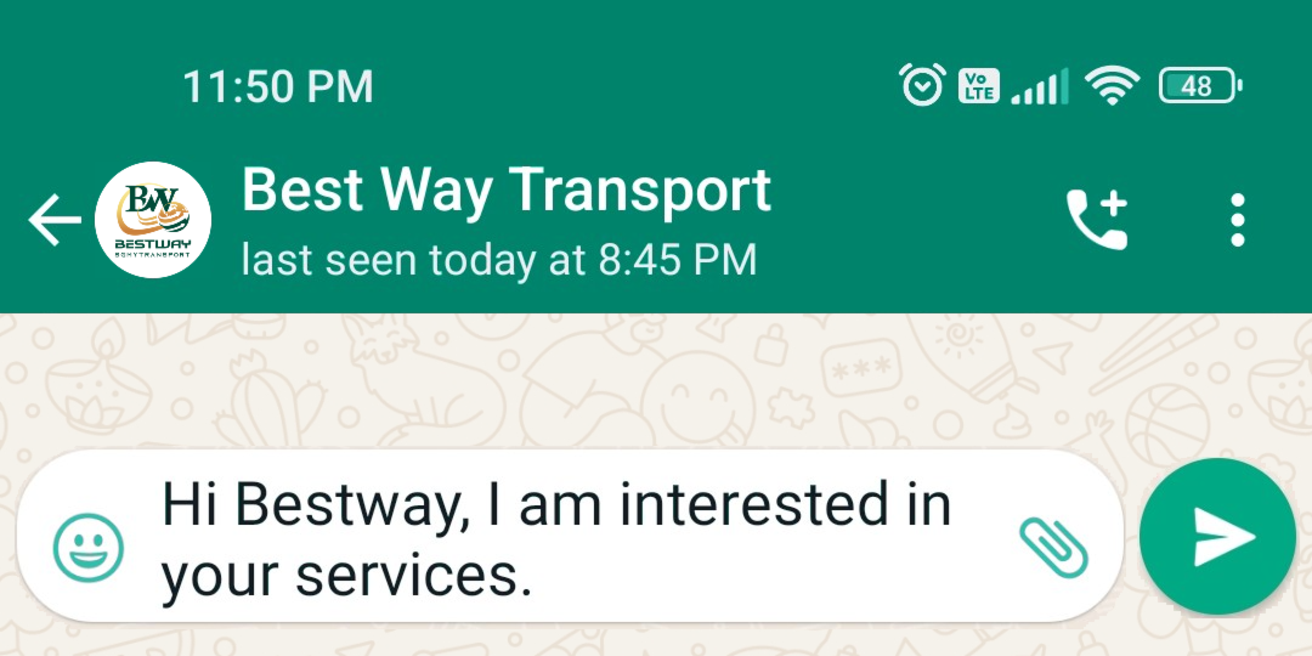 WhatsApp chat screen showing a message to Best Way Transport.